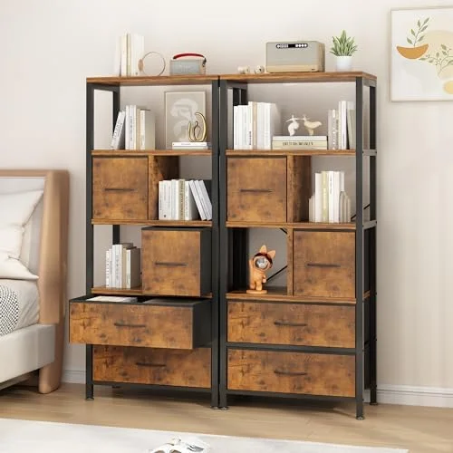 TJCGDTY 4-Tier Bookshelf with   Office Shelves  Wood and Metal Bookshelf with Drawers  Bookcase  Room  Office  Small Spaces  Black
