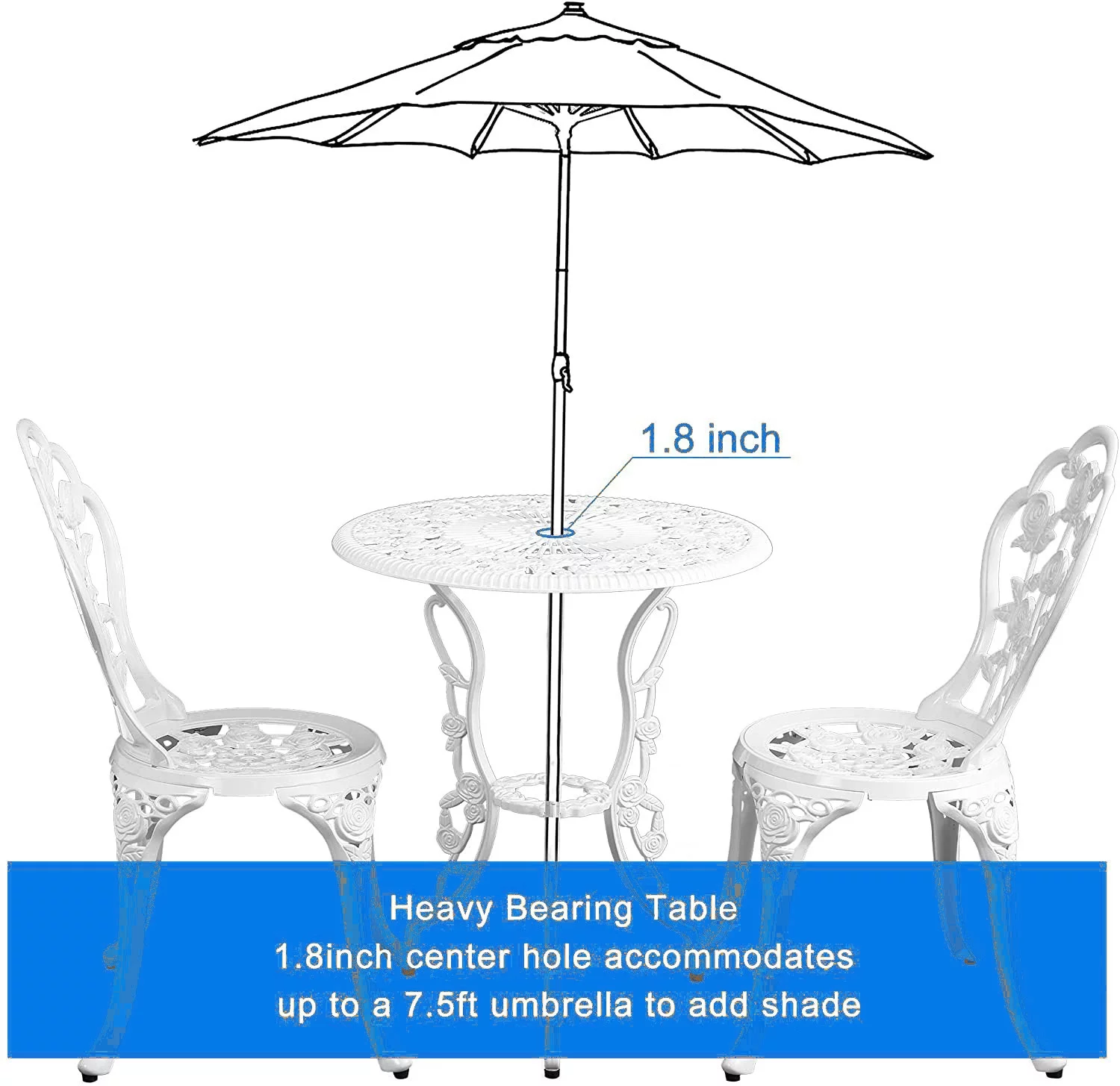 HOMEFUN Bistro Table Set, Rose 3 Piece Table and Chairs Outdoor Patio Furniture Durable Rust Weather Resistance White