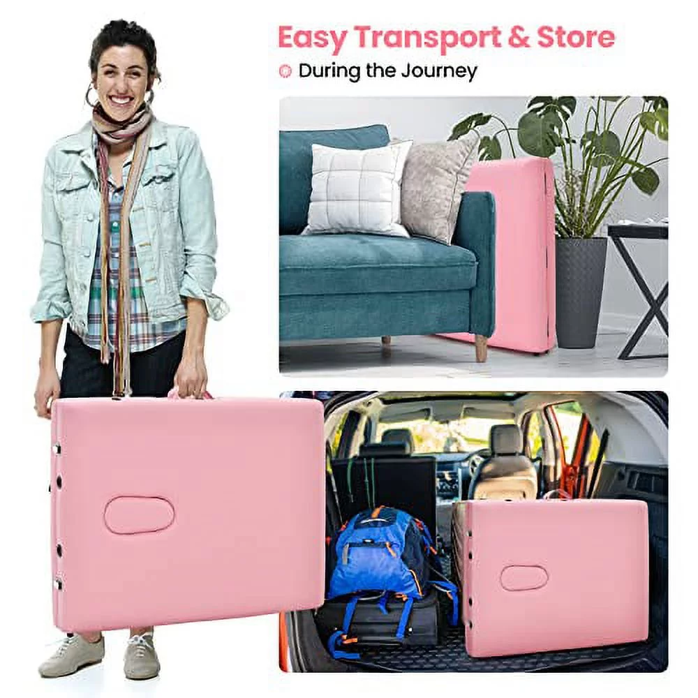 Massage Table - WELLHUT Portable Folding Lash Bed SPA Bed Therapy Salon Tattoo Bed, Height Adjustable, Face Cradle Armrests Headrest Carrying Bag - Pink