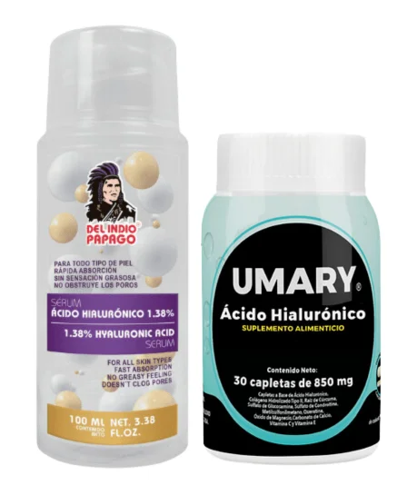 Umary Hyaluronic Acid 30 Caplets 850 mg + Del Indio Papago Hyaluronic Acid facial serum (100ml)