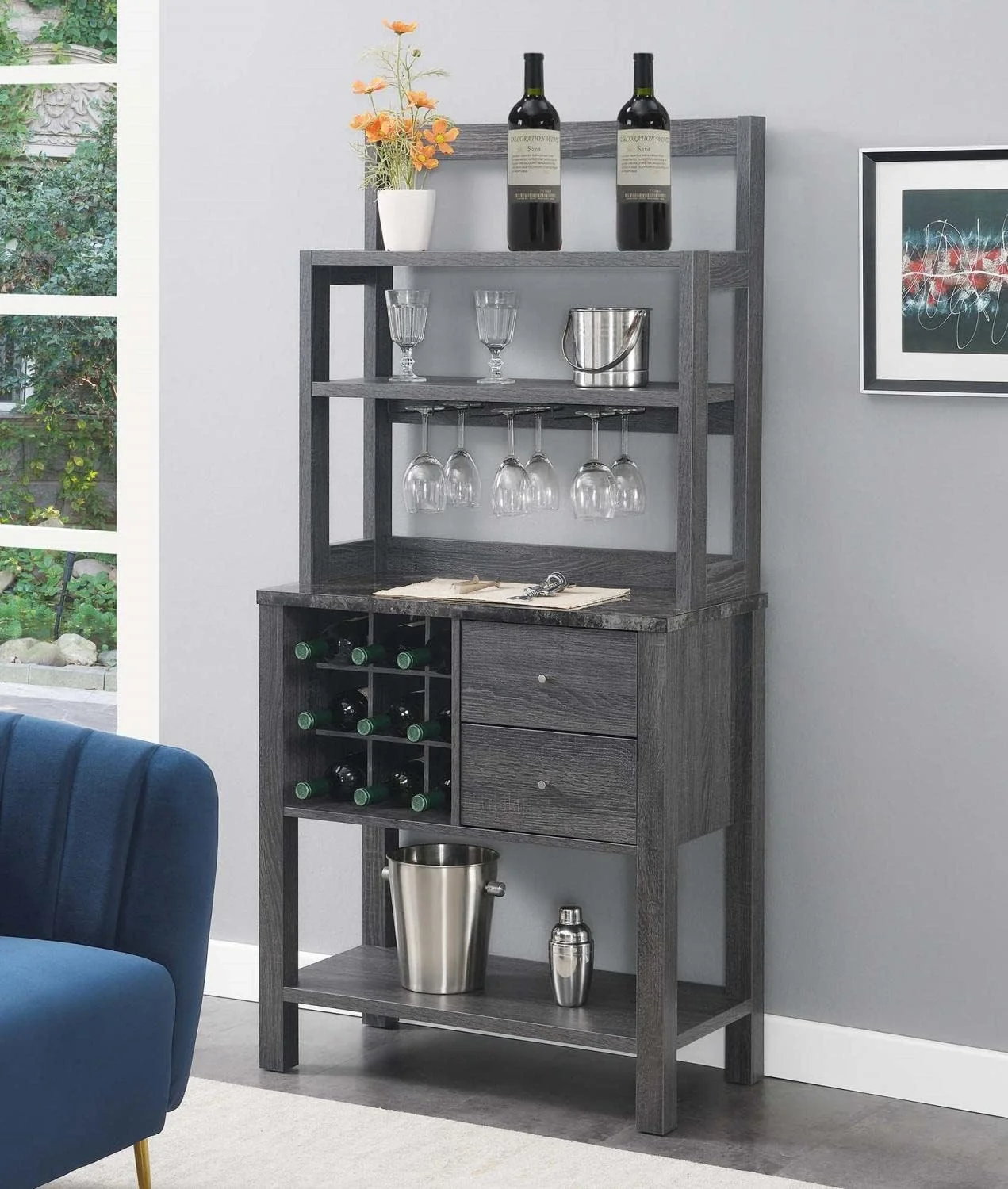 HYUN Newport 2 Drawer Serving Bar with Wine Rack and Shelves, Black Faux Marble/Weathered Gy