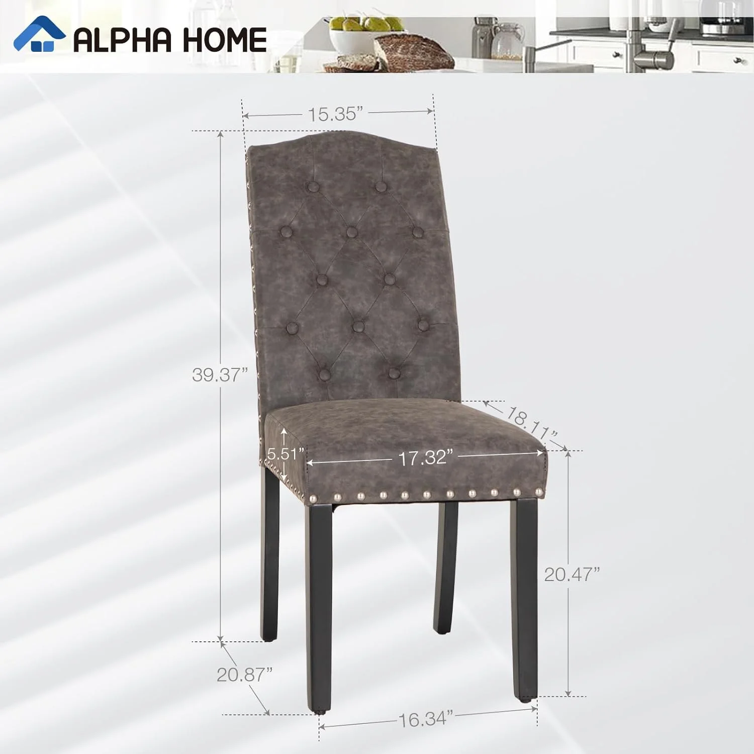 Dining Chairs Set Of 2, Upholstered Dining Room Chairs, Tufted Kitchen Chairs With Solid Wood Legs And Tall Backrest, Faux Leather Padded Parson Chairs, Grey