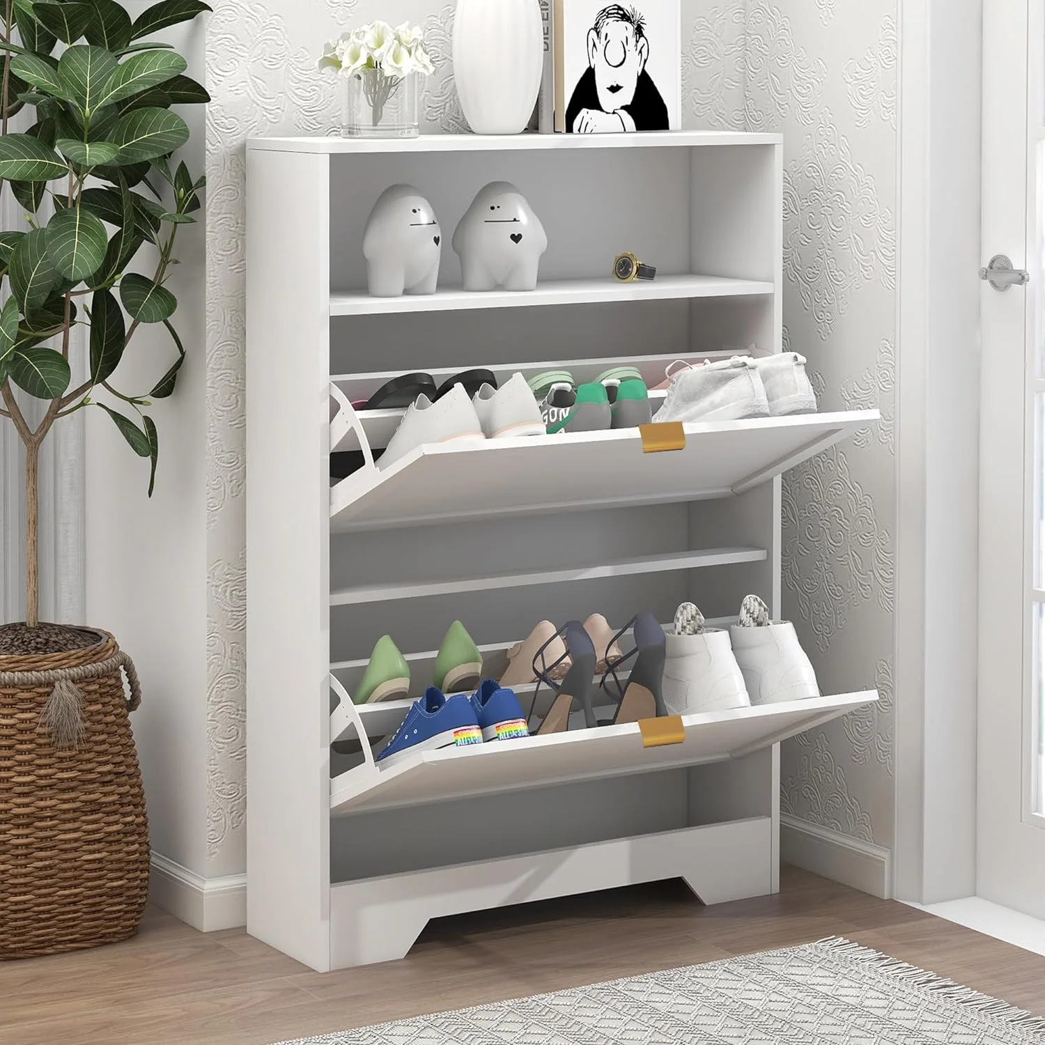 YGDU White Shoe Cabinet for Entryway, Slim Shoe Storage Cabinet with 2 Flip Drawers and Open Shelf, 3-Tier Wooden Shoe Rack Cabinet for Hallway Apartment