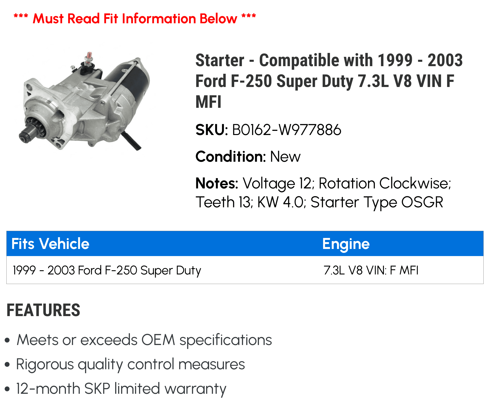 Starter - Compatible with 1999 - 2003 Ford F-250 Super Duty 7.3L V8 VIN F MFI 2000 2001 2002