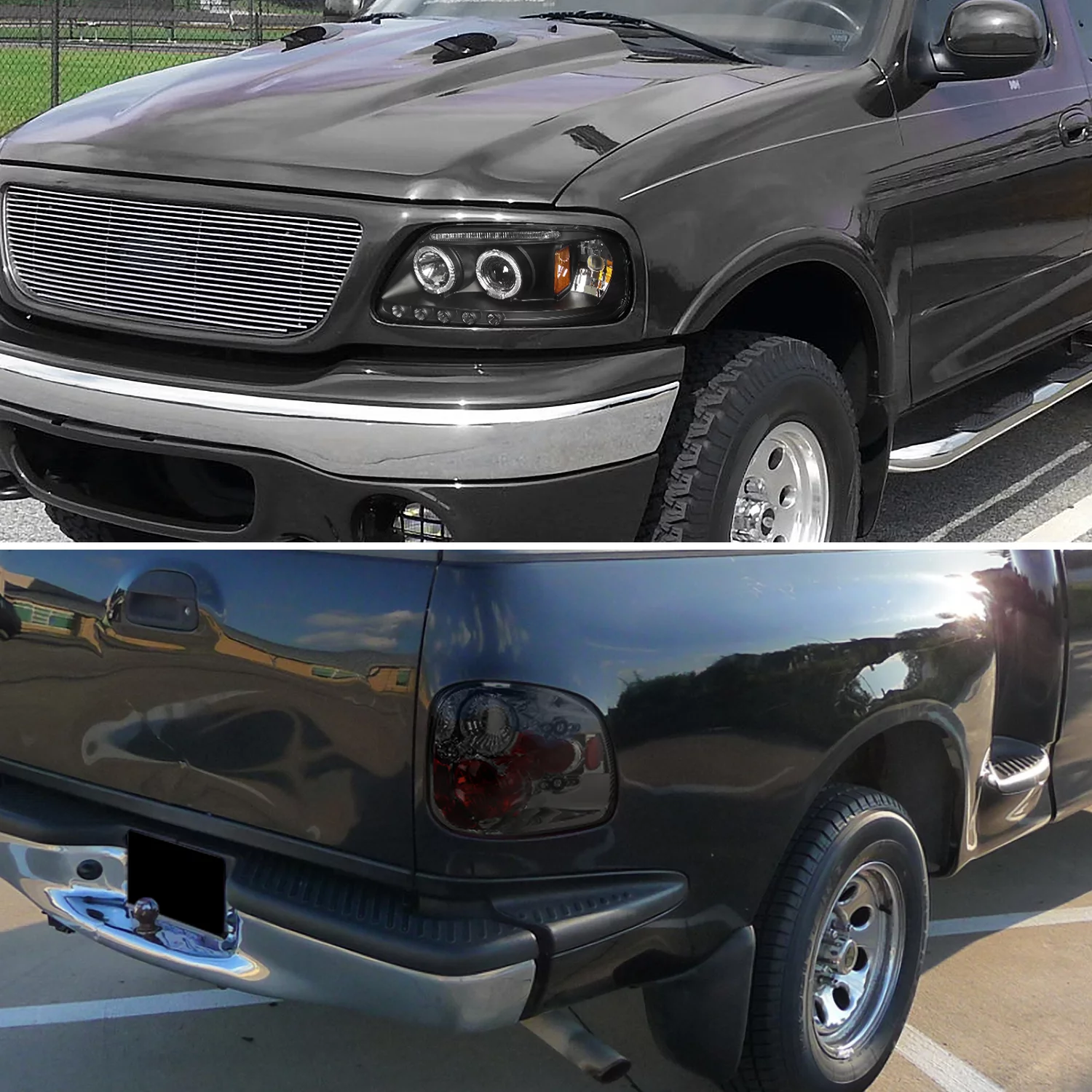 Spec-D Tuning Black Halo LED Projector Headlights1997-2000 Ford F150 Flareside Smoked Tail Lamps Compatible with Left + Right Pair Headlamps Assembly