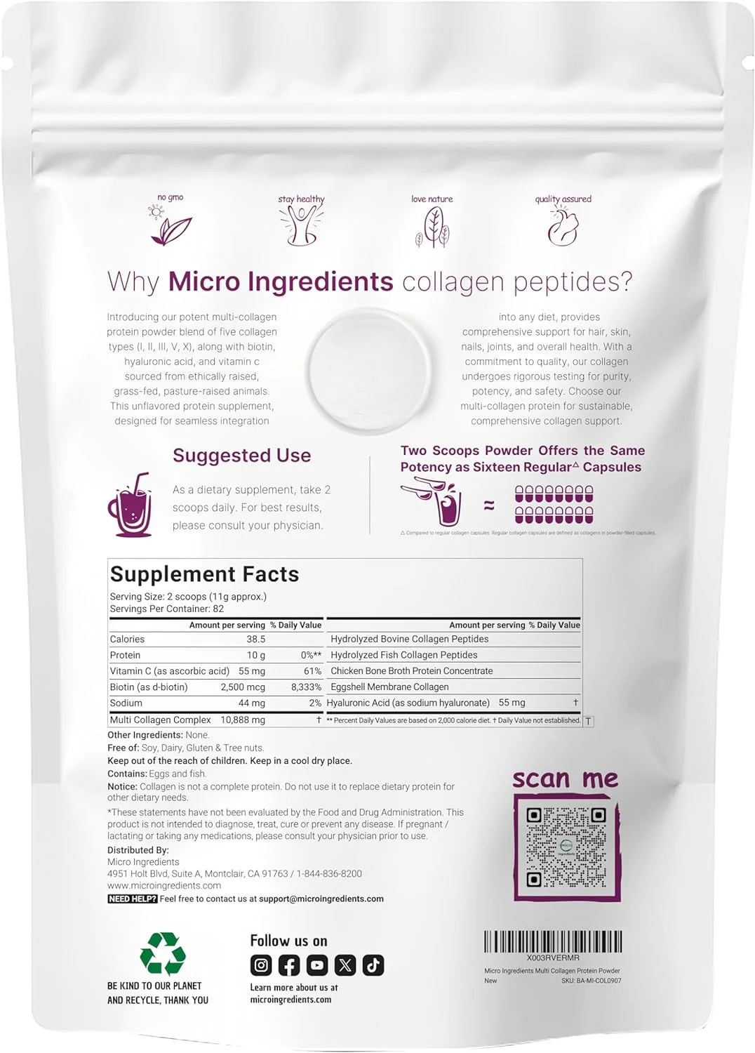 Micro Ingredients Multi Collagen Protein Powder, 2 Pounds – Type I,II,III,V,X with Biotin, Hyaluronic Acid, Vitamin C – Unflavored Collagen Peptides – Keto & Paleo Friendly, Easy Dissolve, Non-GMO