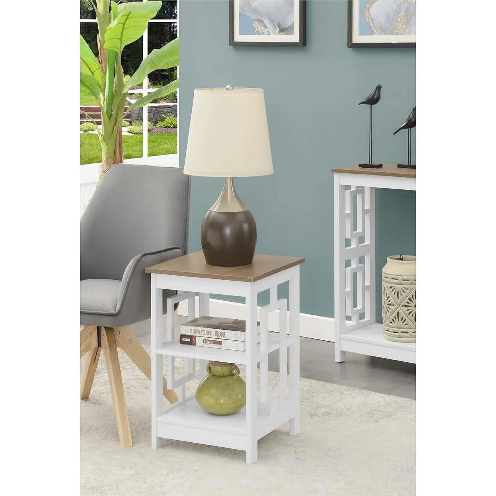 Pemberly Row End Table with Shelves in White Wood with Driftwood Top Finish
