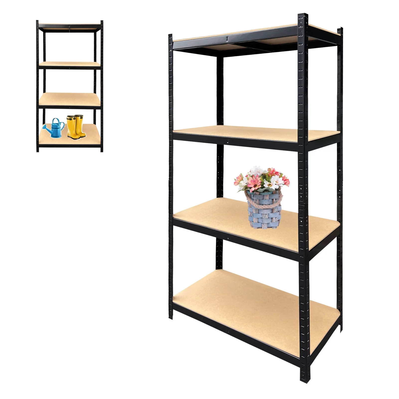 31.5 x 15.7 x 64in Black Utility Shelving Unit, 4-Tier Adjustable Industrial Heavy Duty Metal Garage Shelving Unit, 386lbs Load Capacity per Tier with Anti-Slip Feet, Boltless Installation