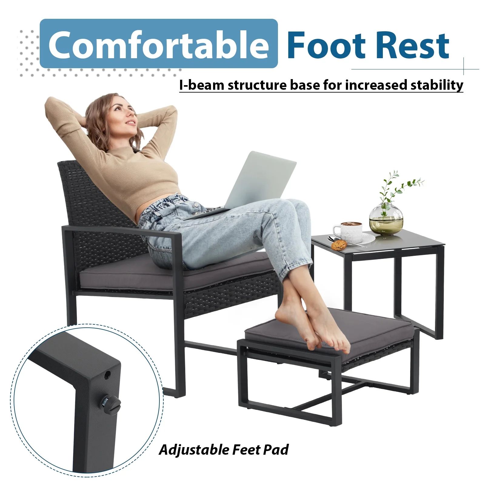 JOIVI 5 Piece Wicker Patio Furniture Conversation Set, Outdoor Rattan Bistro Set with Ottomans and Tempered Glass Table for Porch, Balcony, Deck, Backyard, Gray