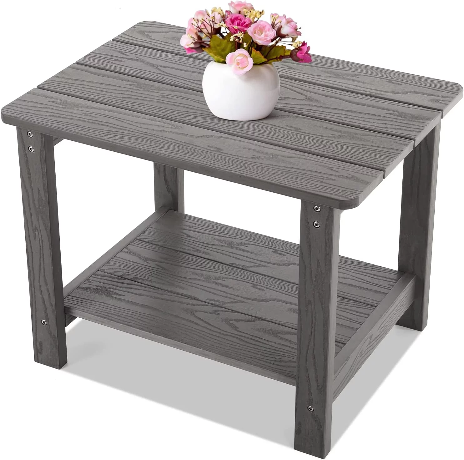 Oversized All-Weather Side Table, 2-Tier Rectagular Outdoor Side Table, Patio Ed Table, Adirodack Side Table, Easy Maiteace, Grey