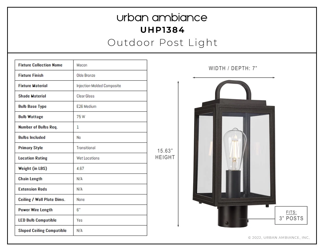 Luxury Farmhouse Post Light, 15.625H x 7W, with Modern Farmhouse Style, Olde Bronze, UHP1384 by Urban Ambiance
