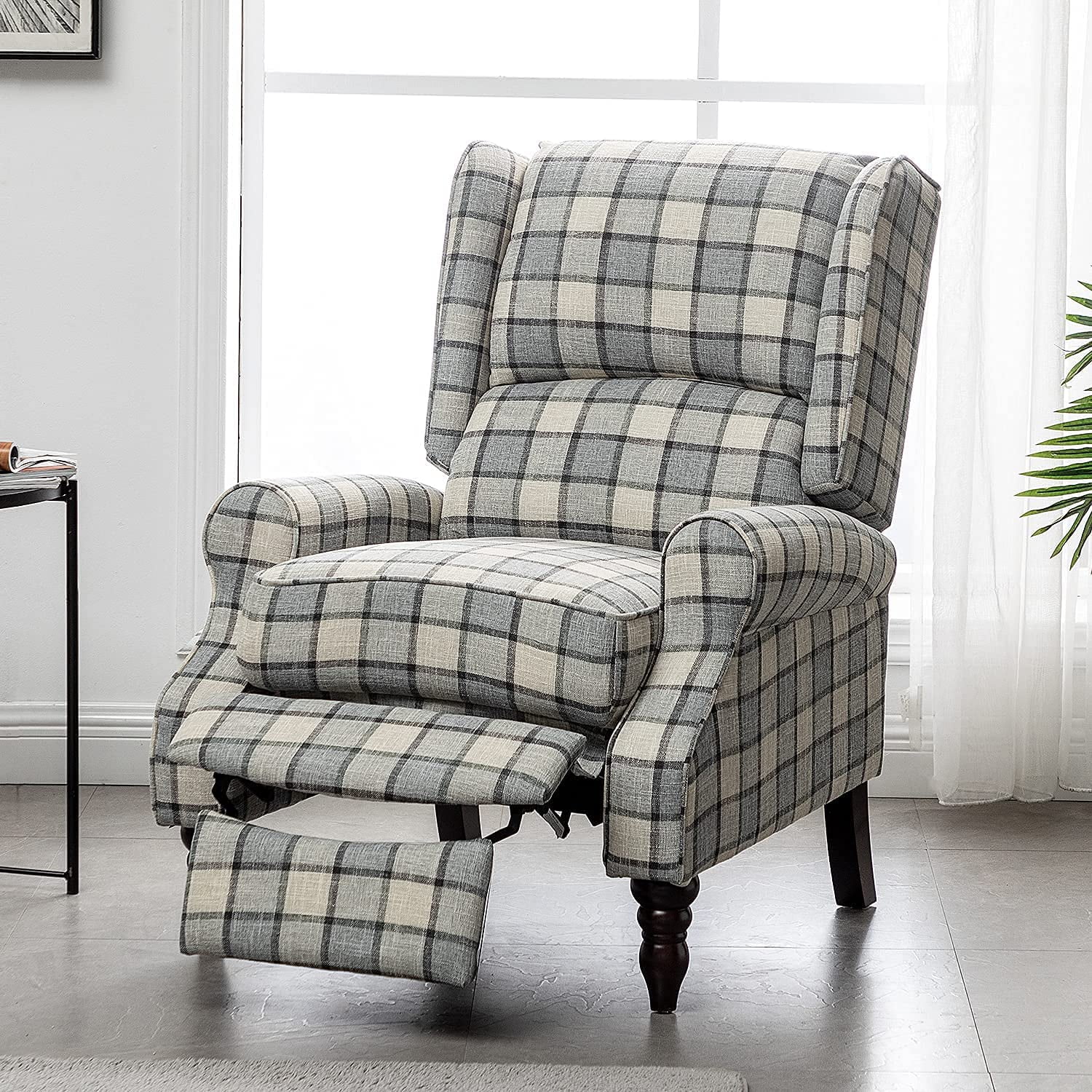 Hommow Push Back Massage Recliner Chair, Modern Upholstered Wingback Armchair for Living Room, Gray Plaid