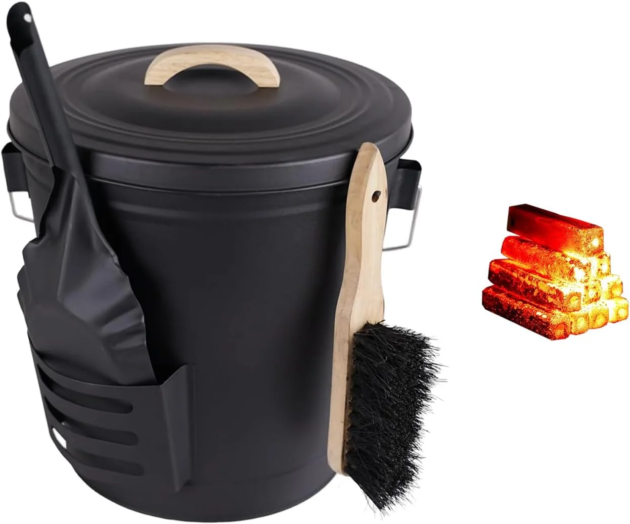 Ash Bucket With Lid And Shovel, Hand Broom And Gloves, 5.2 Gallon Large Metal Ash Bucket For Fireplace Tools Set, Fire Pits, Wood Burning Stoves, Indoor And Outdoor, Camping, Grill, Black