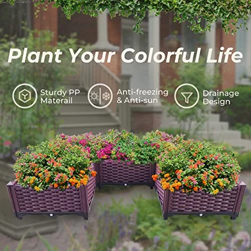 Plastic Raised Garden Bed,Rattan Style Grow Planter Care Box Kit for Flowers, Vegetables and Herbs, Planting Indoor/Outdoor, Easy Assembly Set of 5