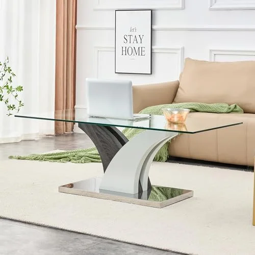 GEROBOOM Glass Coffee Table for Living Room  Modern Rectangular Center Table  47\u201D Living Room Table with Clear Tempered Glass Top and Steady Wood Color OO Shaped Base