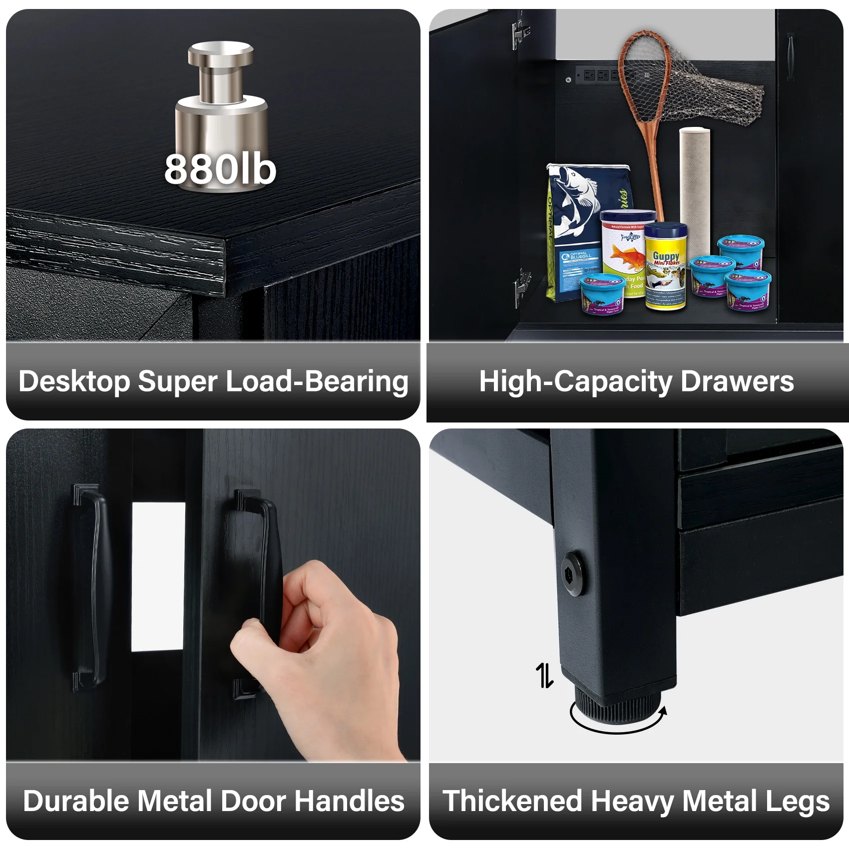 TC-HOMENY 55-75 Gallon Aquarium/Fish Tank Stand with Cabinet and Charging Station/Power Outlets, Black