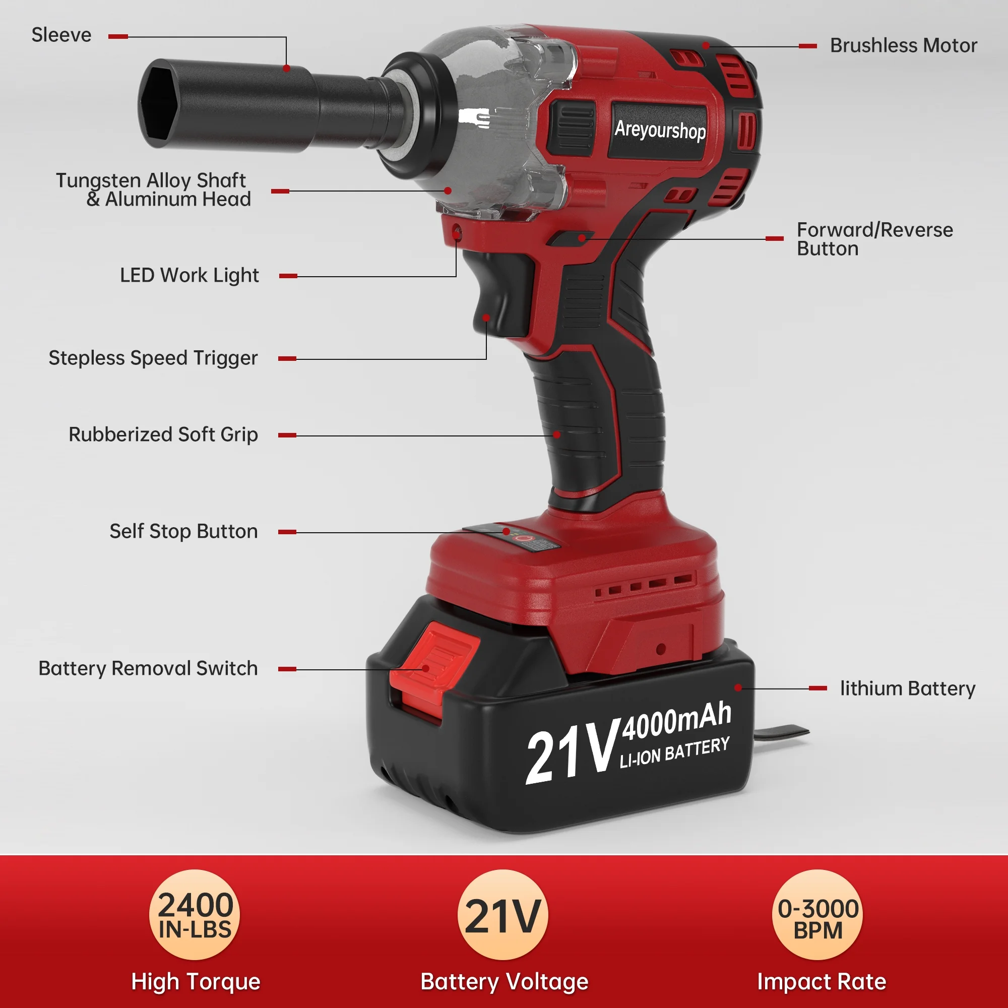TOPTENG Cordless Impact Wrench 1/2 Inch, 21V with Battery and Charger, High Torque 2400in-Lbs, 3000 BPM, Impact Wrench with Charger, 2-in-1 Multi-Purpose Electric Impact Wrench with LED, Carrying box