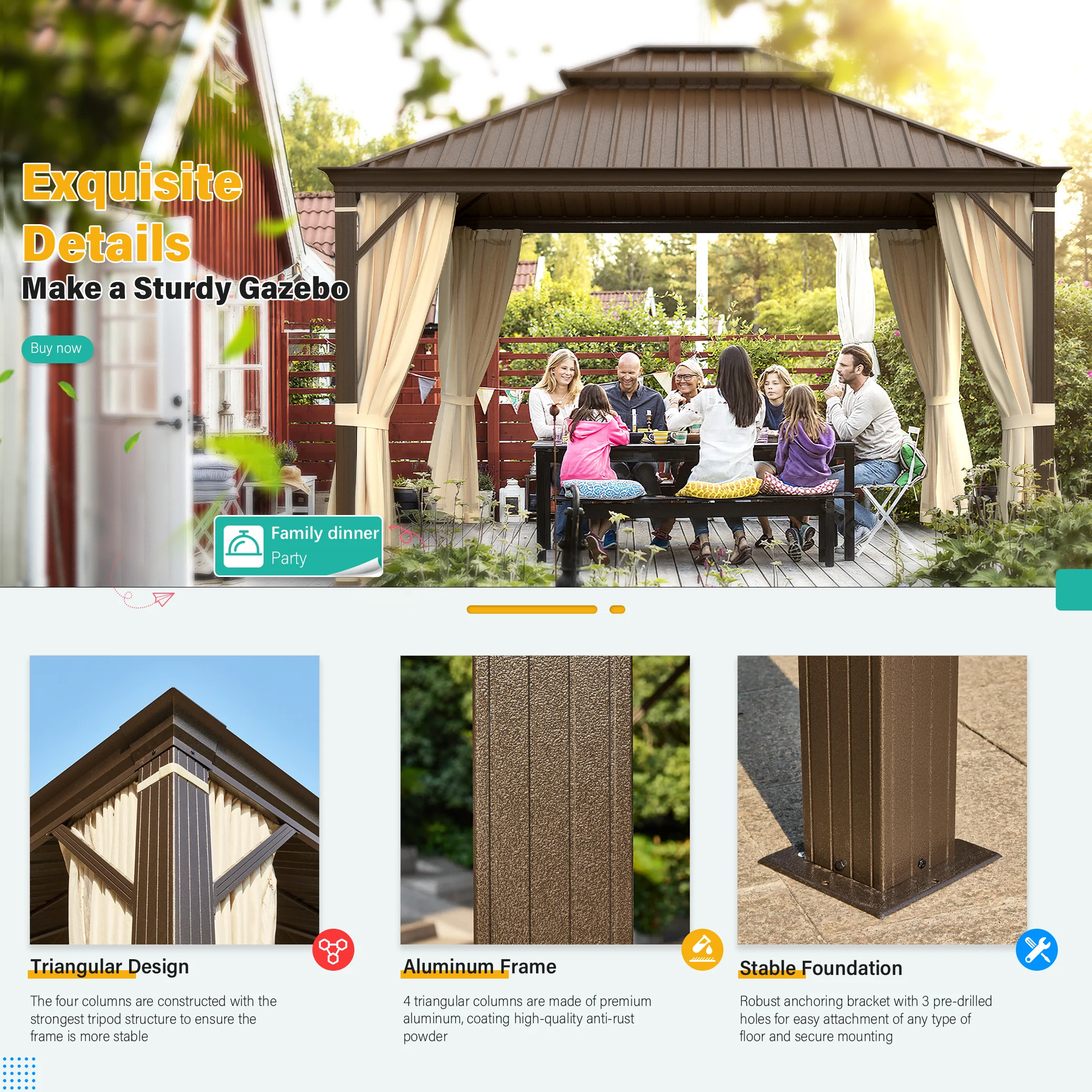 Richryce 12' X 14' Hardtop Gazebo Aluminum Frame Gazebo with Galvanized Steel Double Roof