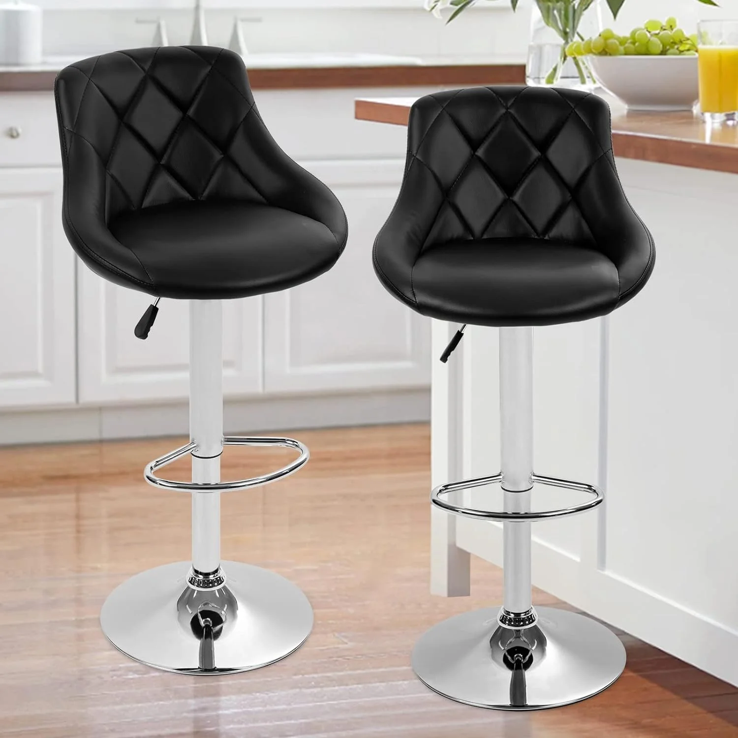 Modern Bar Stools Set of 2 Counter Height Adjustable Bar Chairs with Back and Chrome Base PU Leather Barstools Island Chairs for Kitchen Living Room Pub Swivel Bar Stools (Black)