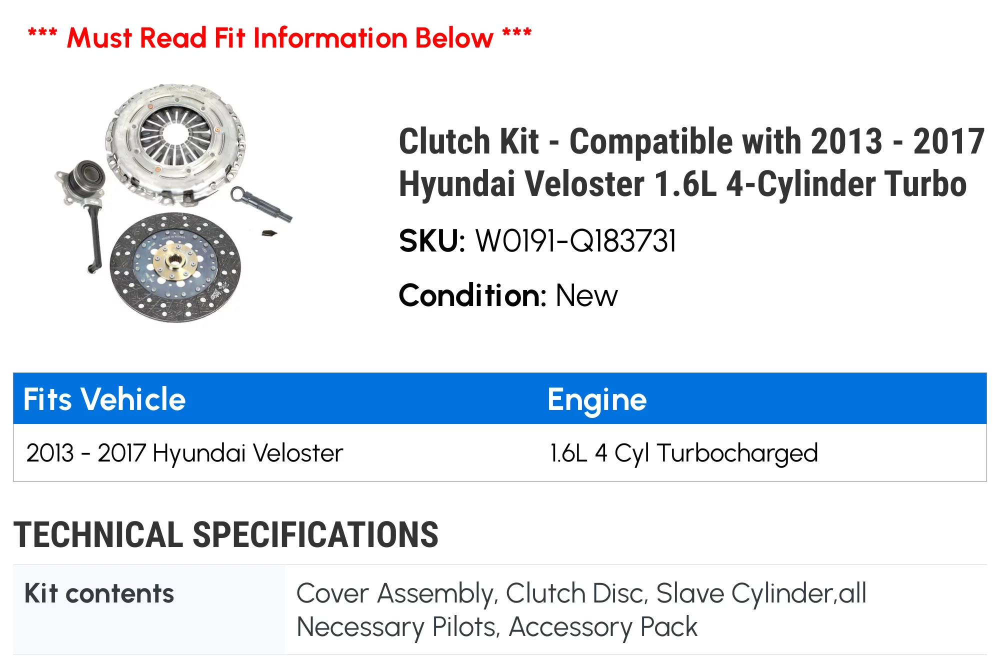Clutch Kit - Compatible with 2013 - 2017 Hyundai Veloster 1.6L 4-Cylinder Turbo 2014 2015 2016 2019