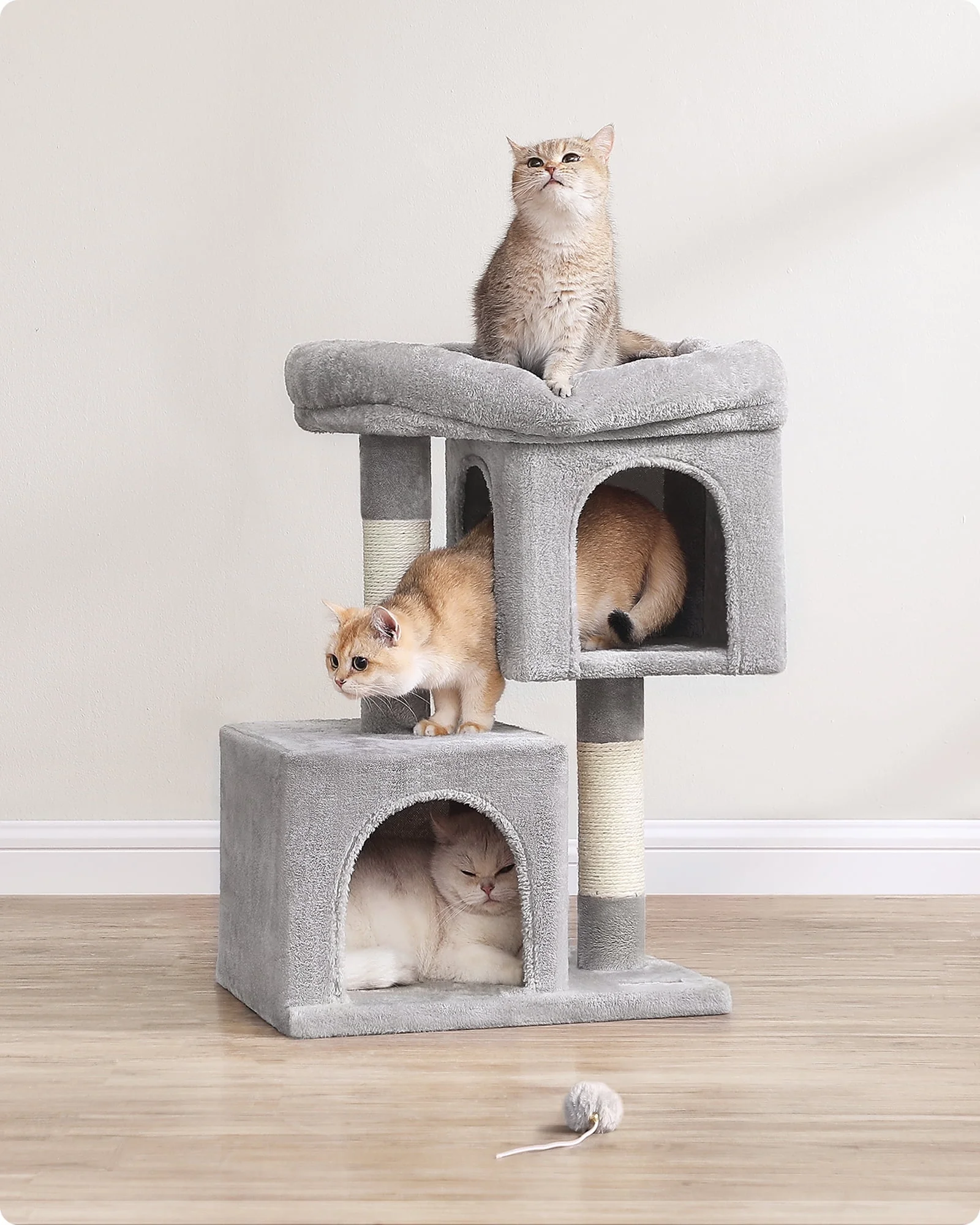 Feandrea Cat Tree 26.4-Inch Cat Tower for Kittens up to 7 lb, Large Cat Perch, 2 Cat Caves, Scratching Post, Light Gray