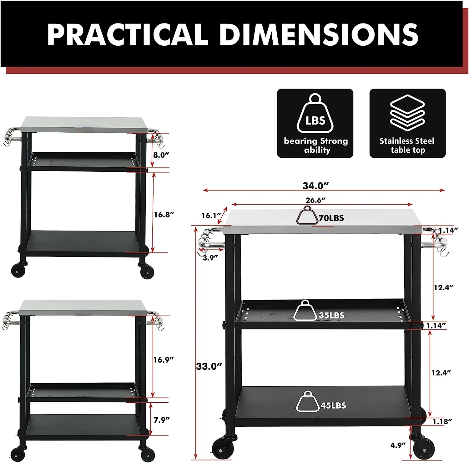 3-Shelf Adjustable Layer’s Indoor&Outdoor Grill Table,Movable Work Table,Grill Cart,Outdoor Cooking Table,Grill Table for Outside,Outdoor Bar Cart with Wheels,Stainless Steel Tabletop,L34xW16.1