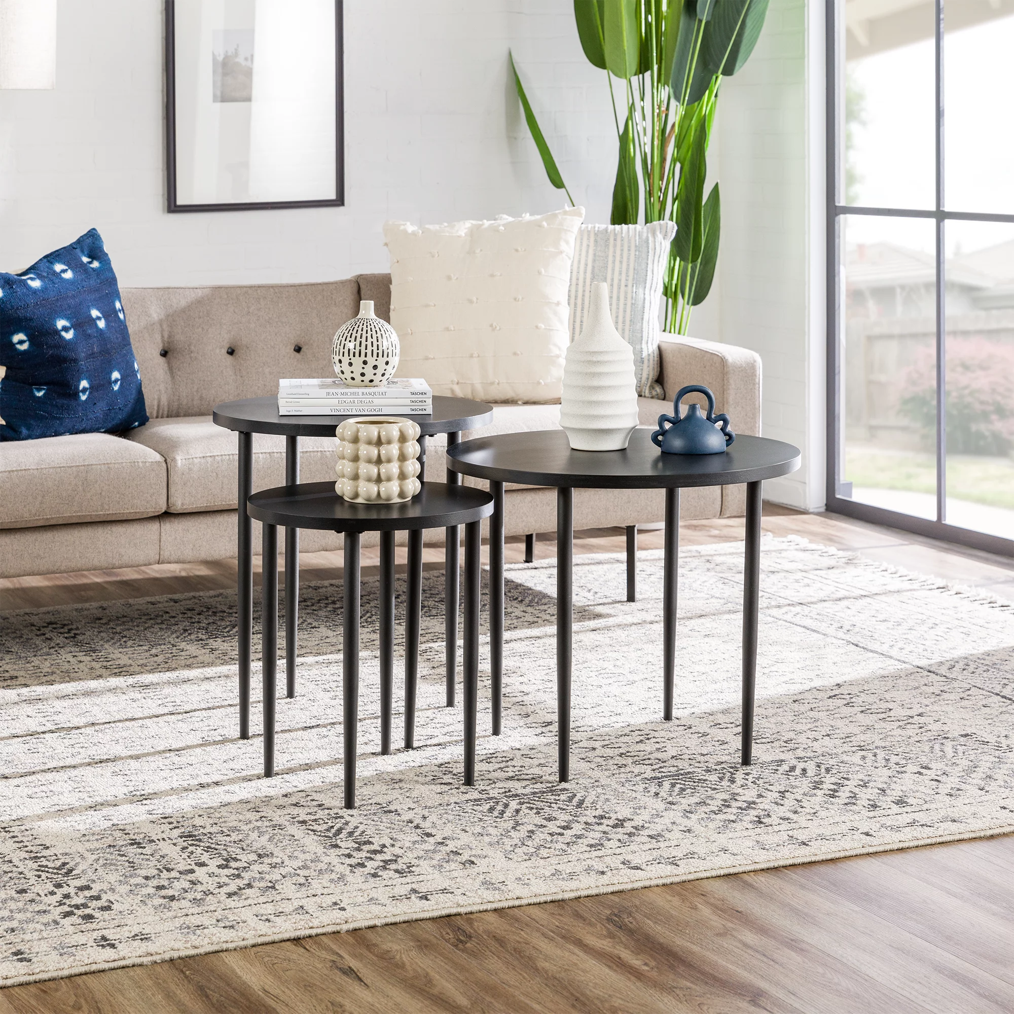 Walker Edison Modern Round Nesting Coffee Tables, Set of 3, Solid Black