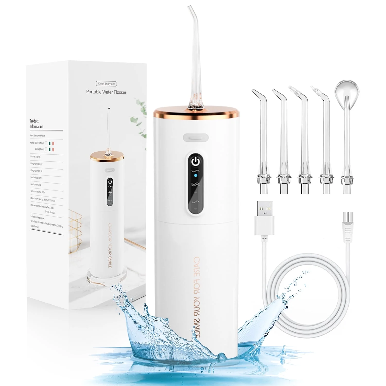 TINANA Water Dental Flosser: Portable Cordless Electric Water Flosser with 5 Jet Tips, 3 Modes Rechargeable Oral Irrigator with 280ml Water Tank, IPX7 Waterproof for Teeth Cleaning-All White