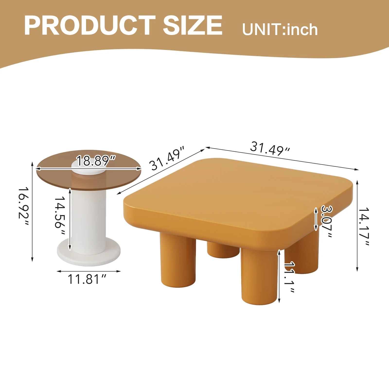 Guyii 2 Piece Coffee Table Set, Wood Coffee Table with Glass-Top Side Table for Living Room, Bedroom