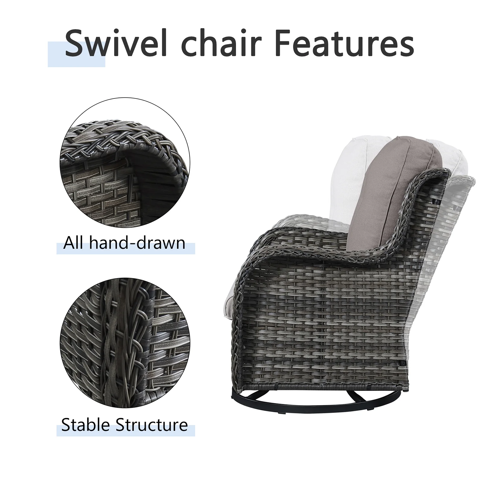 POCASSY 3 Piece Patio Set Outdoor Wicker Glider Rocking and Swivel Chairs with Side Table and Cushions - Patio Wicker Bistro Furniture Set, Gray Rattan & Gray Cushion