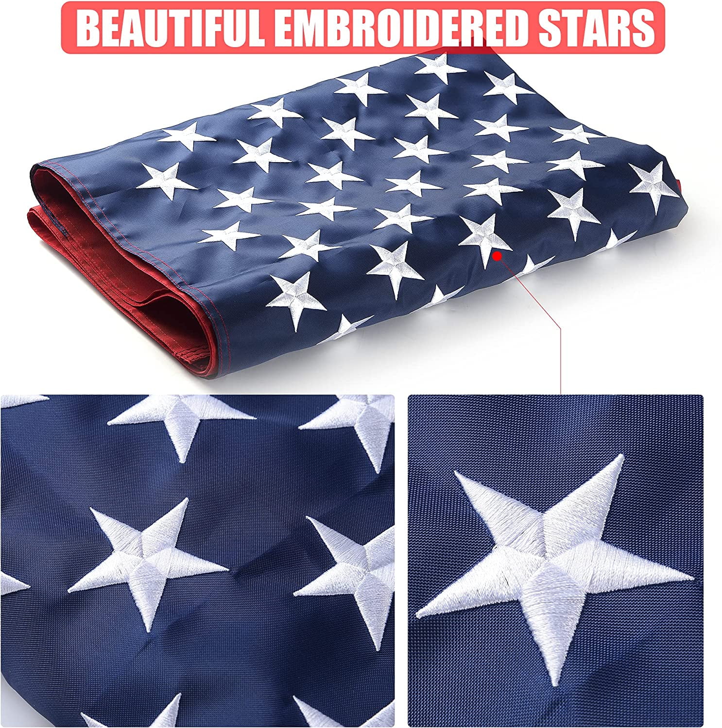 5x8 ft American Flag For Outside, 100% in USA Strongest, Longest Lasting, Heavy Duty 300D Nylon, Embroidered Stars, Sewn Stripes, Brass Grommets Perfect for Outdoor! Premium US Flag
