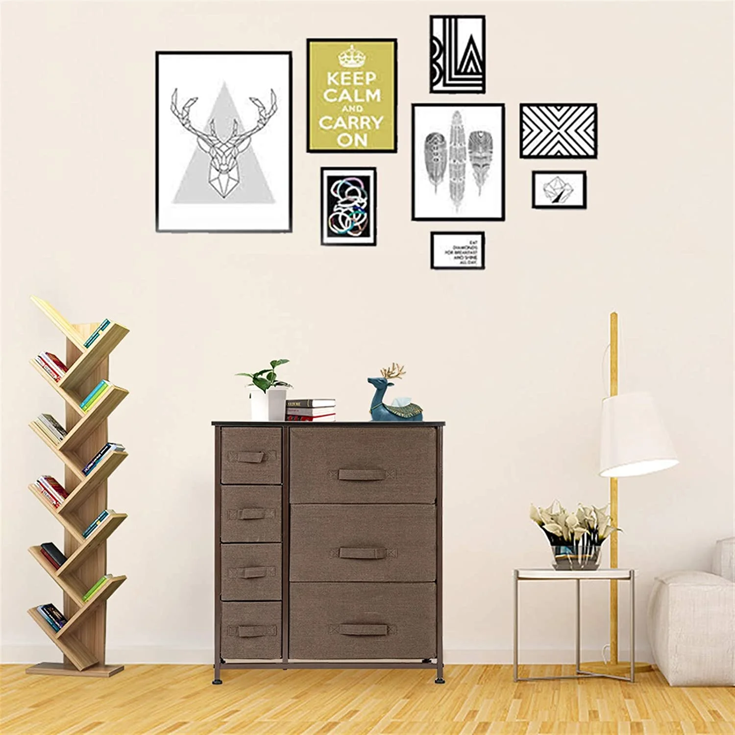 SQVGYU 7-Drawer Fabric Dresser    Tower Cabinet  Organizer for Living Room  Closet Sturdy Steel Frame  Wooden Top  Easy-to-Pull Fabric Bins Brown  Drawers  Brown