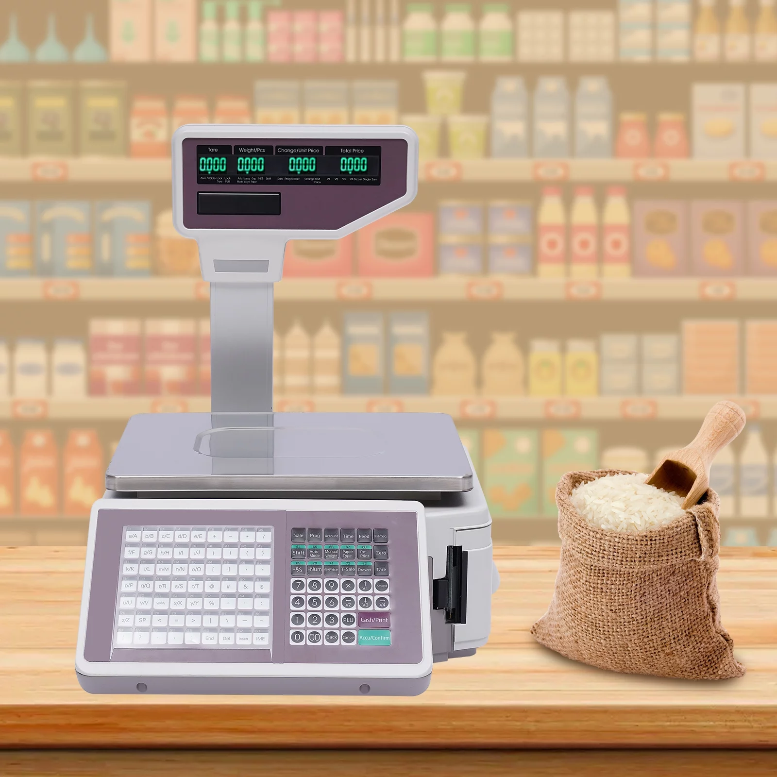 Aiqidi Digital Price Computing Scale w/Thermal Label Printer Commercial LCD Digital Weight Price Scale Supermarket Food Meat Fruit Electronic Weight Scale Digital Scale Max.66lb (Accuracy 0.011lb)