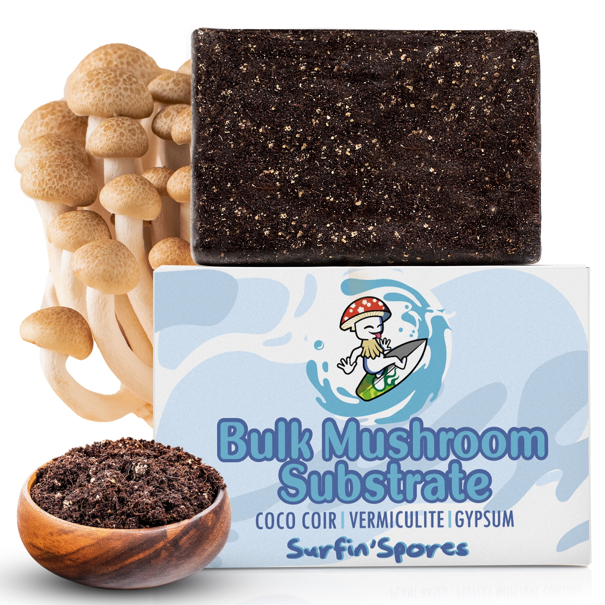 Surfin' Spores Premium Plant-Based Mushroom Substrate - 5 lbs Expert Mycologist Blend of Coco Coir, Vermiculite & Gypsum, Pasteurized & Odor-Free, Long Shelf-Life, Ideal for Monotub Cultivation