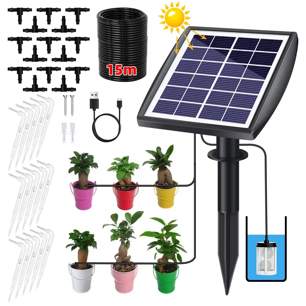 Solar Auto Irrigation System, Solar Powered Drip Irrigation Kit, Indoor Outdoor Automatic Self Watering System for 15 Potted Plants in Green House, Garden, Balcony
