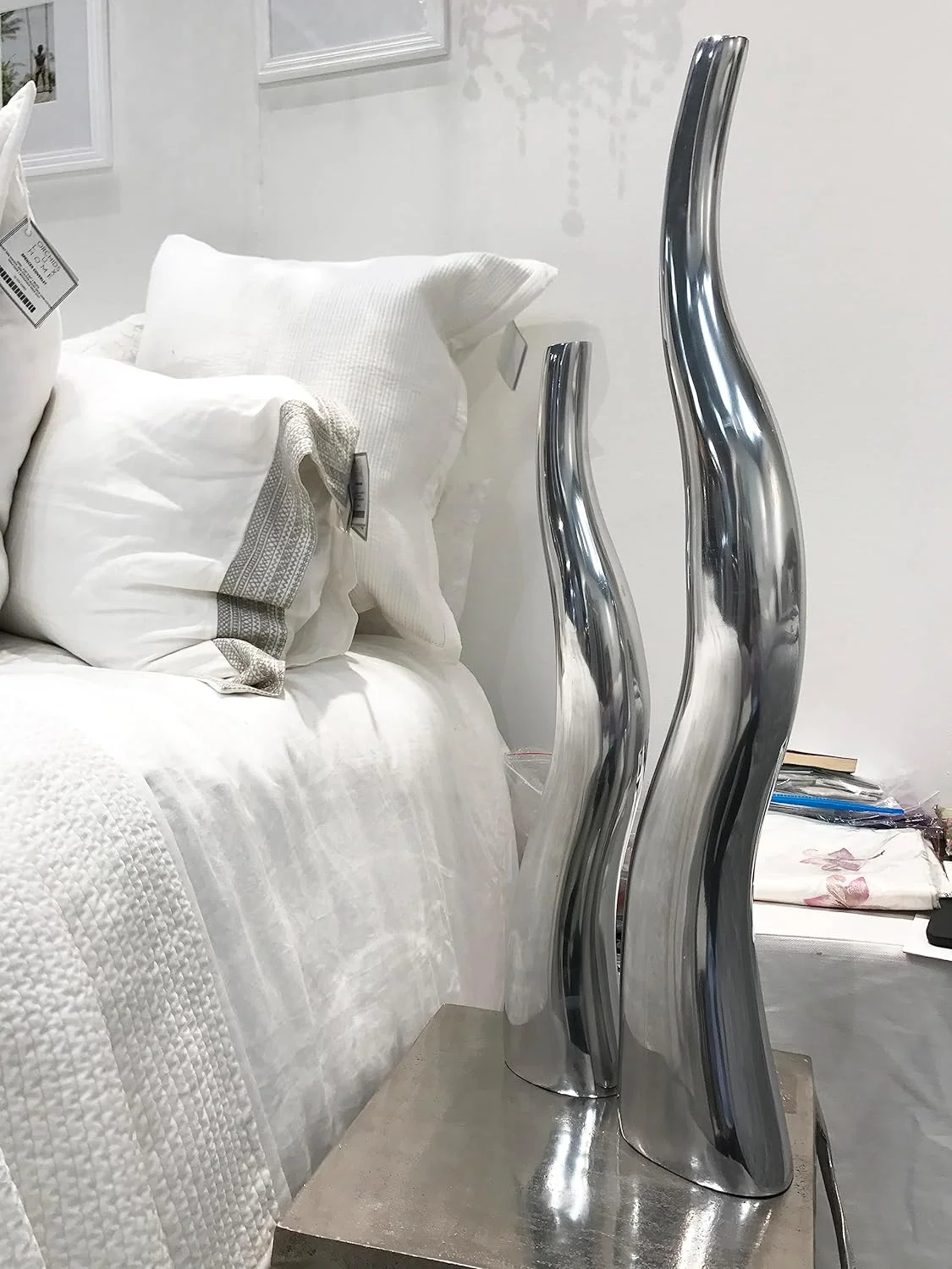 6586 Curva Tall Wiggly Vases Set Of 2, Silver, Aluminum, Contemporary, Modern, Popular, Glam, Floor Standing, Large 6