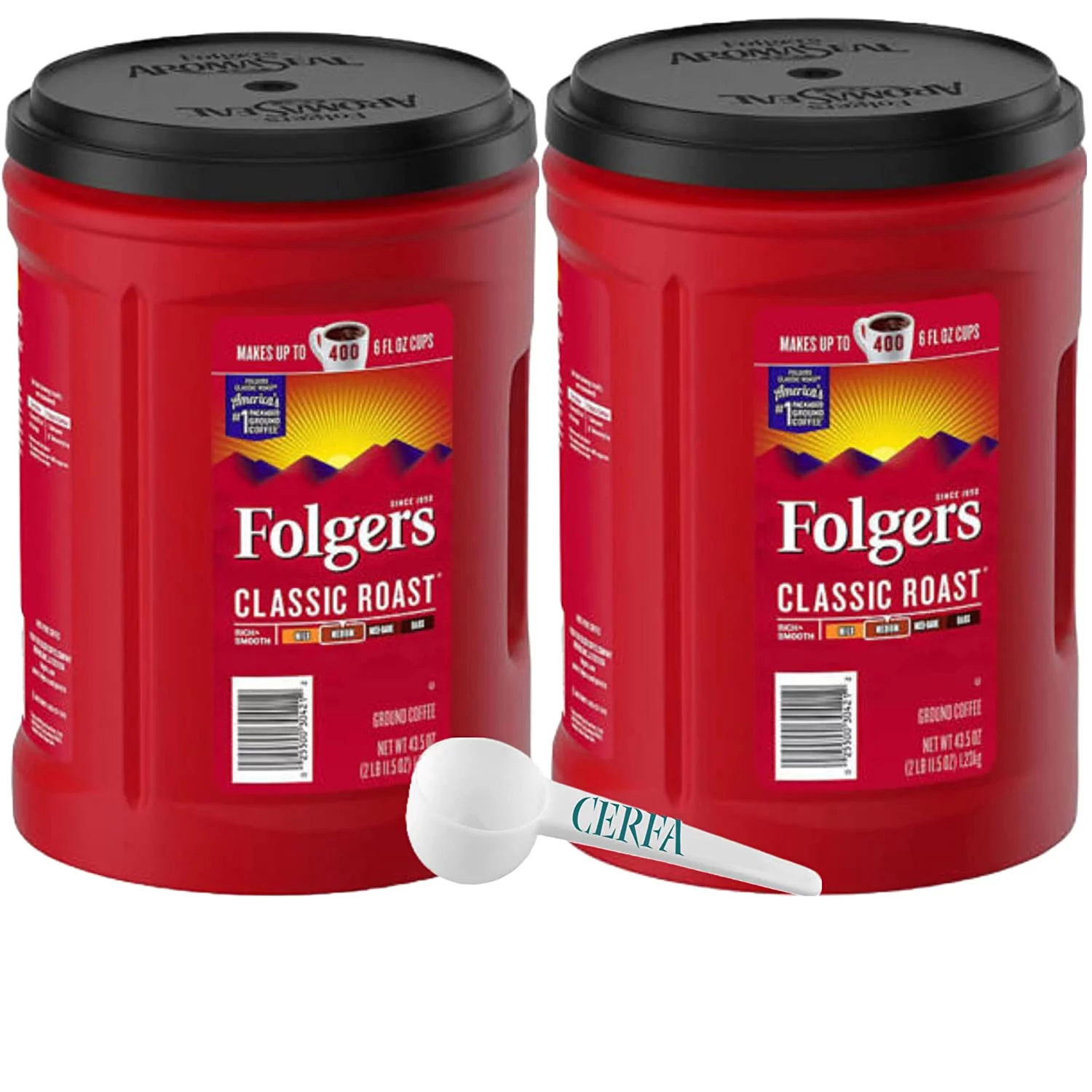 Folger Classic Roast Ground Coffee Medium Roast 2 pack 43.5 oz Includes Cerfa's Coffee Scoop