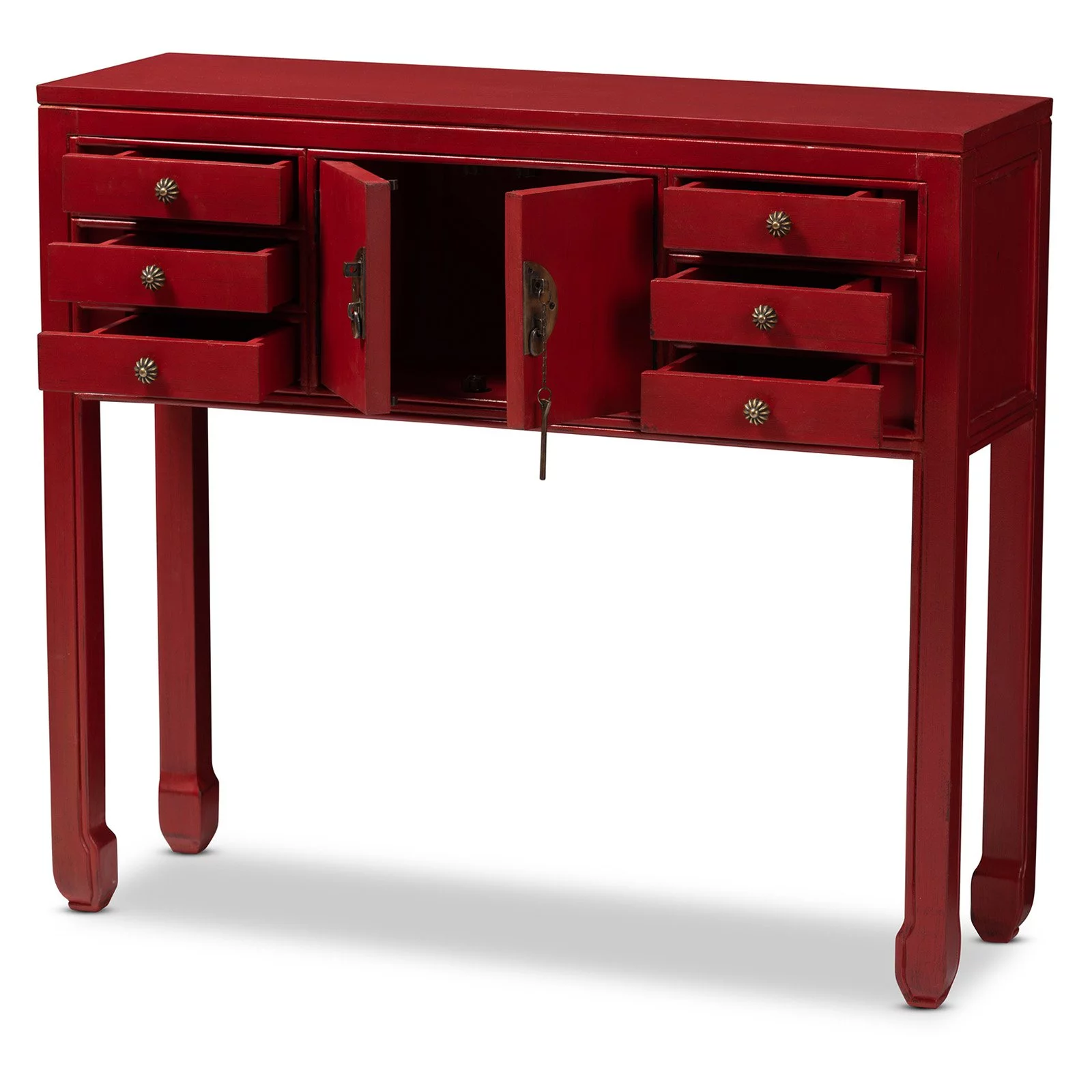 Baxton Studio Melodie Classic and Antique Red Finished Wood Bronze Finished Accents 6-Drawer Console Table