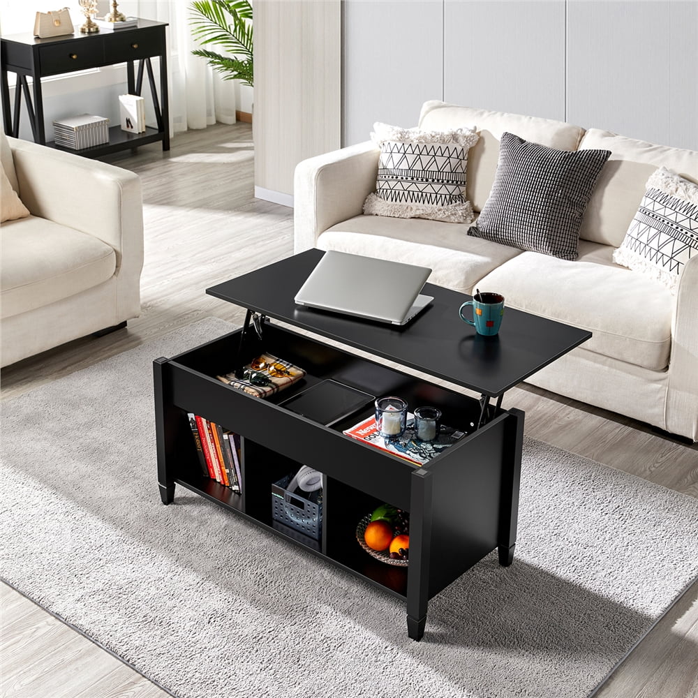Yaheetech Minimalist Lift Top Coffee Table w/Hidden Compartment & 3 Cube Open Shelves for Living Room Office Black