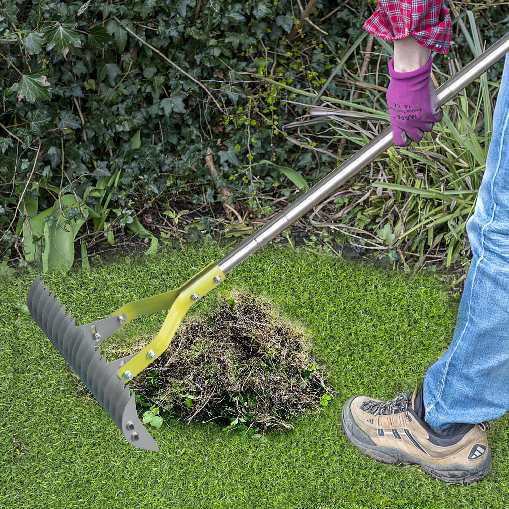 BARAYSTUS Thatch Rake, 15-inch Wide Lawn Thatching，Efficient Steel Metal Lawn Grass Rake With Stainless Steel Handle, 58.5-inch Length.