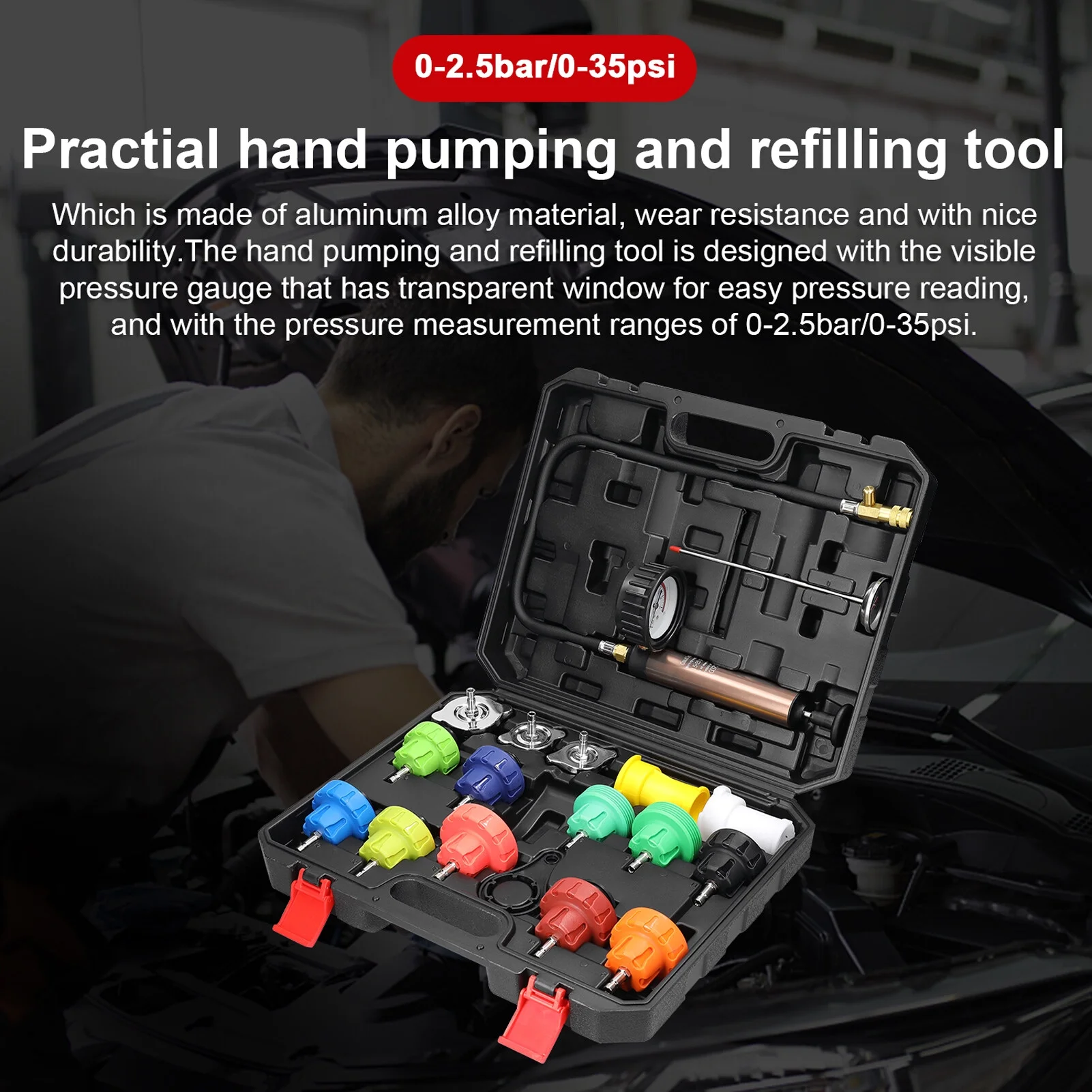 Universal Car Tanks Leak Detection Automotive Leakage Detector Tool Radiator Water Pressure Tester Auto Air Conditioning Cooling Coolant Vacuum Purge Tool Kit