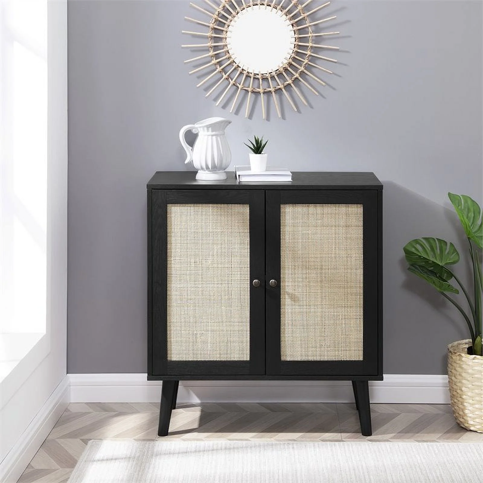 Pemberly Row 2-Door Solid Wood and Rattan Accent Cabinet in Black