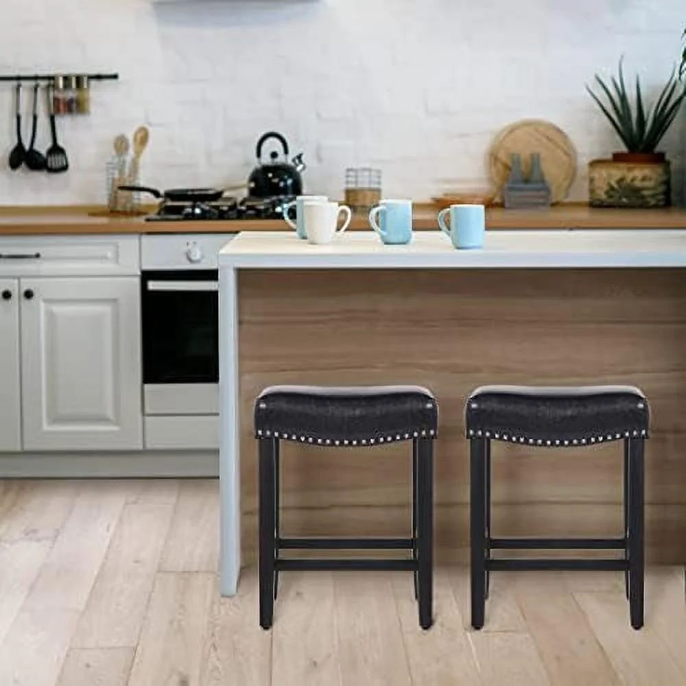 NLTBONNIE WO Home   Stool 29" in Backless Saddle Seat Sitting Counter Stool w Black Wood Legs (Gray)