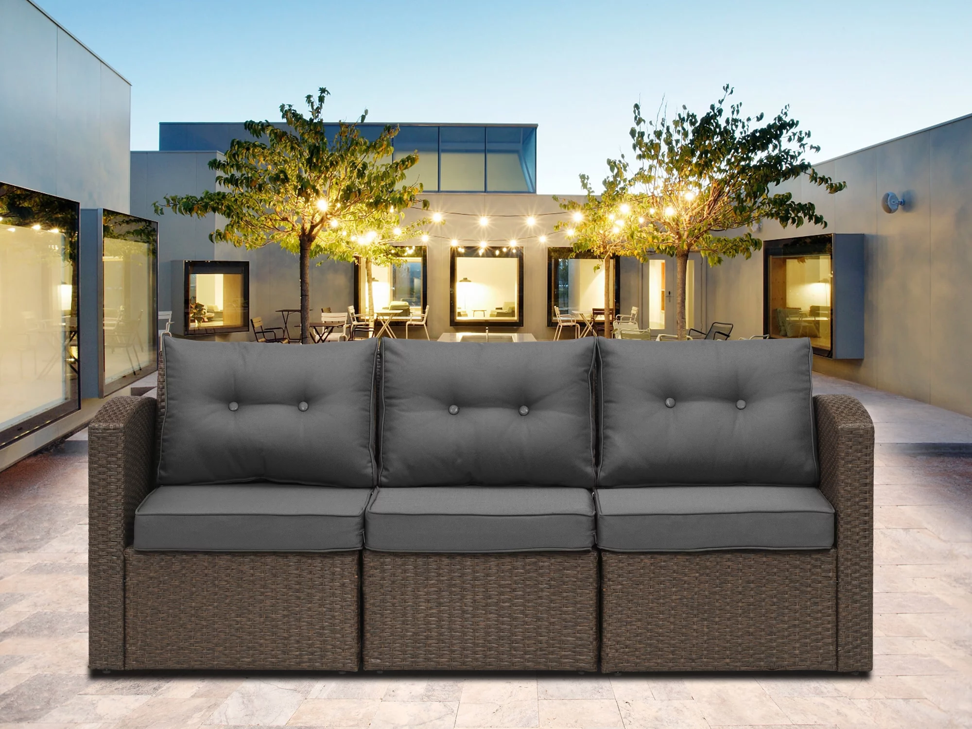 Superjoe Patio Furniture Wicker Sofa 3 Seats Aluminum Frame Outdoor Couch with Brown Rattan Dark,Grey Thick Cushions