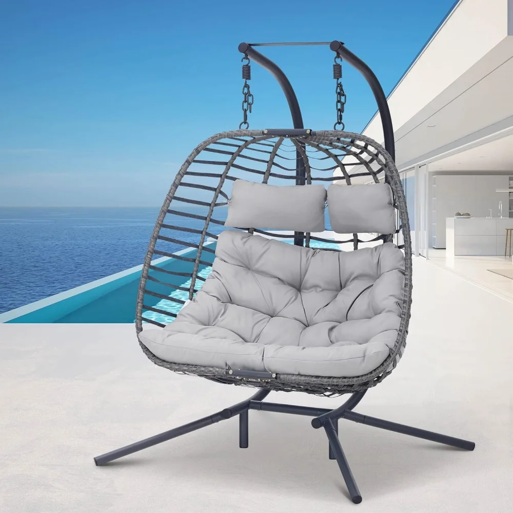 KEAIDO 2 Person Double Egg Swing Chair,Wicker  Hanging Chair,Outdoor Swing Chair with cushion for Garden,Patio and Porch