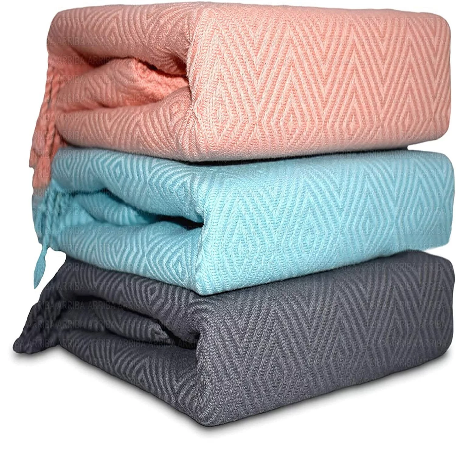 100% Ring Spun Cotton Diamond Throws Blankets Hand Woven with Fringe Super Soft 50''x60'' Grey