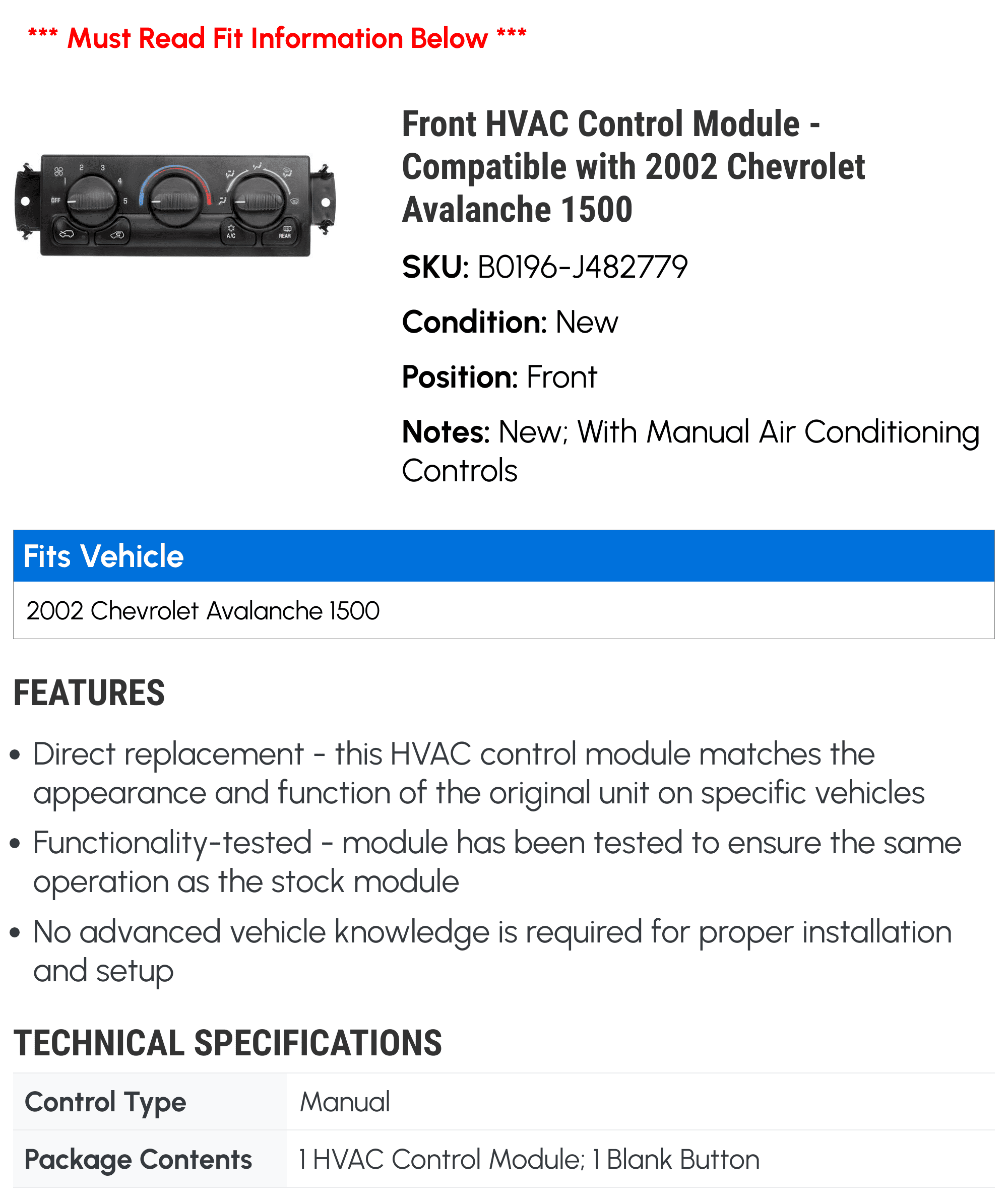 Front HVAC Control Module - Compatible with 2002 Chevy Avalanche 1500