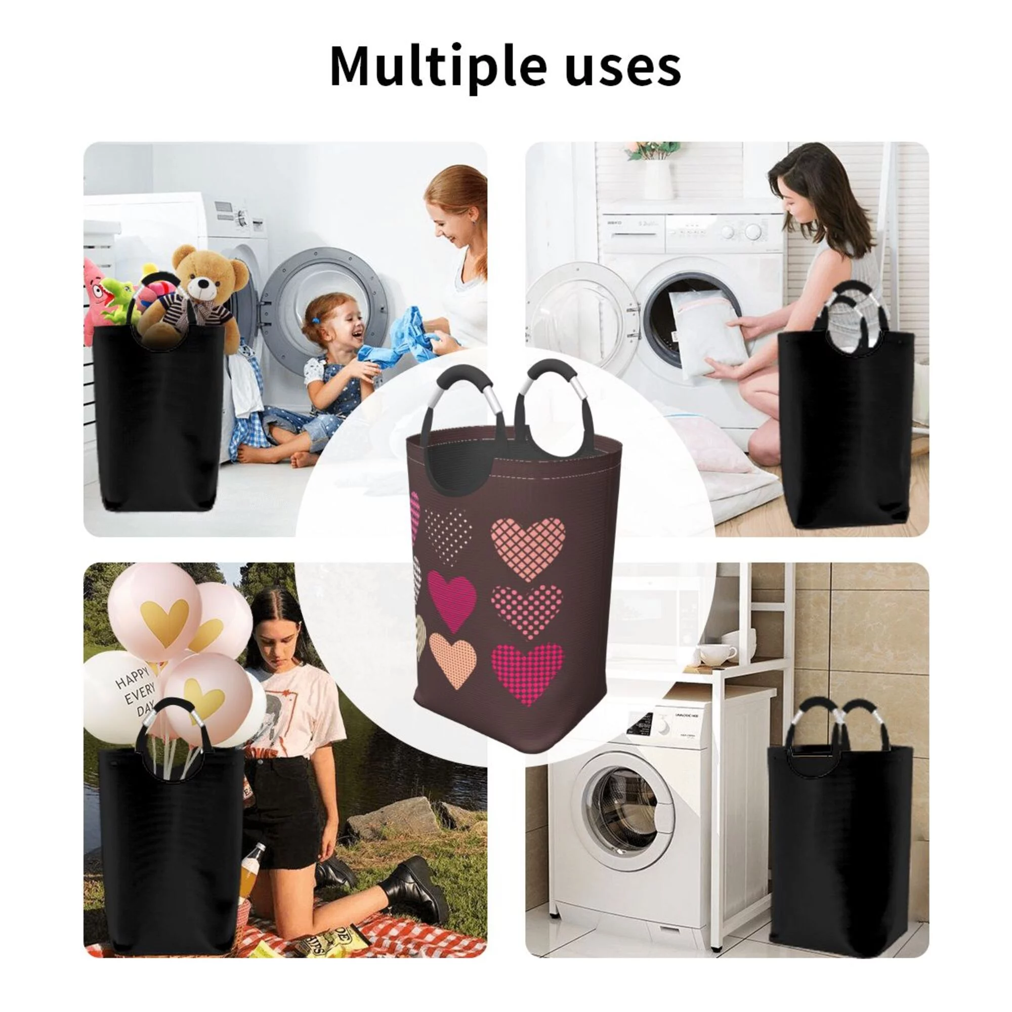 TEQUAN 50L Large Rectangular Laundry Hamper with Aluminum Handles, Brown Romantic Love Prints Waterproof Foldable Dirty Clothes Basket