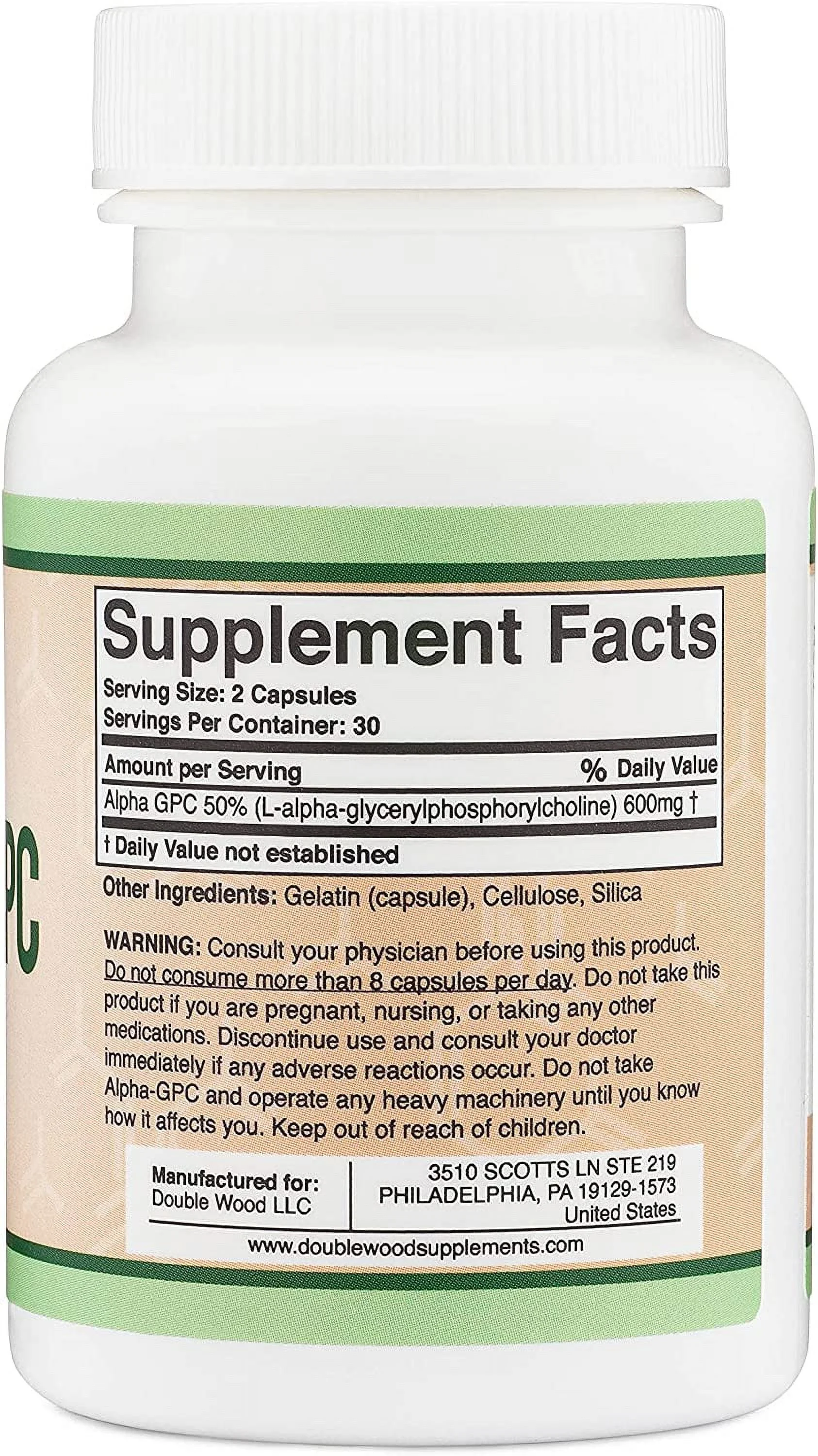 Alpha GPC Choline Capsules - 60 Count, 600mg Servings – Brain Support Aid That Supports Focus, Memory, Motivation, and Energy - (Made in The USA) Brain Support Supplement by Double Wood Supplements