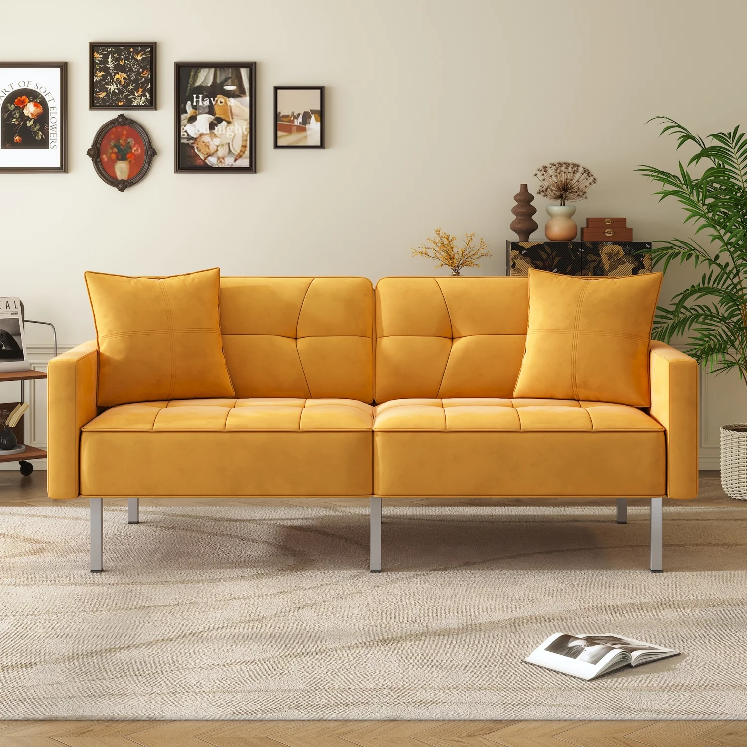 Modern Yellow Orisfur Linen Upholstered Convertible Folding Futon Sofa Bed for Compact Living Space  Apartment  Dorm